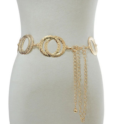Нов уникален колан със златна верижка с двоен пръстен Дамски модни кръгли метални сребърни колани Женска дънкова рокля Колан 2022 г.