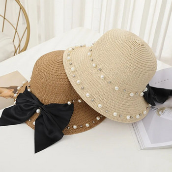 Лятна ежедневна сламена шапка за възрастни с перлени кристали Слънчева шапка Дамска празнична плажна слънцезащитна панделка Шапка за свободното време