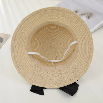 Καλοκαιρινό καθημερινό ψάθινο καπέλο για ενήλικες Pearl Rhinestone Καπέλο ηλίου Γυναικείο αντηλιακό παραλίας Bow Ribbon καπέλο αναψυχής