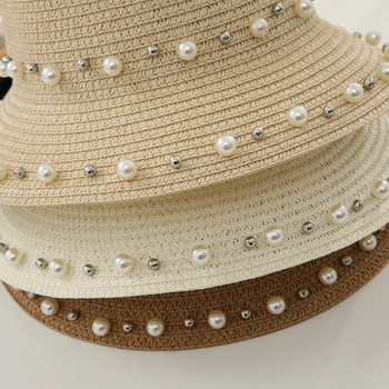 Лятна ежедневна сламена шапка за възрастни с перлени кристали Слънчева шапка Дамска празнична плажна слънцезащитна панделка Шапка за свободното време