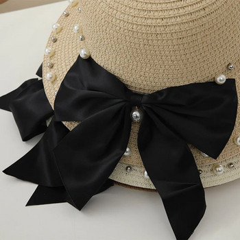 Καλοκαιρινό καθημερινό ψάθινο καπέλο για ενήλικες Pearl Rhinestone Καπέλο ηλίου Γυναικείο αντηλιακό παραλίας Bow Ribbon καπέλο αναψυχής