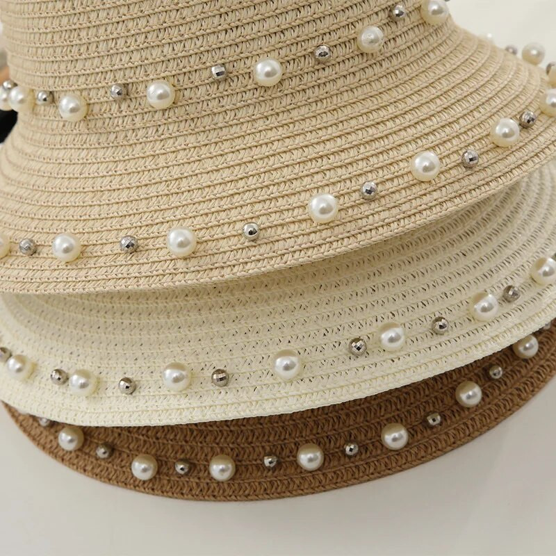 Ljetni ležerni slamnati šešir za odrasle Pearl Rhinestones Šešir za sunce Ženski odmor Zaštita od sunca Krema za sunčanje Vrpca za slobodno vrijeme
