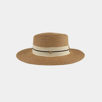 Дамска сламена шапка M LOGO Шапка с плоска горна част Пролет Лято Корейска реколта модна джаз шапка Плажна празнична шапка с козирка за слънце Lady Panama