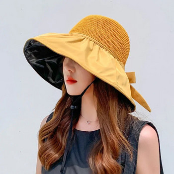 Пролетно-лятна шапка за жени с голяма широка периферия, дамска шапка-кофа, плътен цвят, сгъваема UV защита, плажна шапка с панама, слънчеви шапки