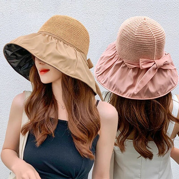Пролетно-лятна шапка за жени с голяма широка периферия, дамска шапка-кофа, плътен цвят, сгъваема UV защита, плажна шапка с панама, слънчеви шапки