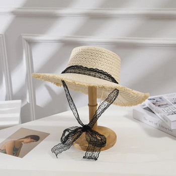 Модна сламена шапка с широка периферия за жени с дълга панделка, дамски плажни шапки, модни обличащи се момичета, летни шапки с козирка за слънце за жени