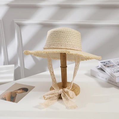Modni slamnati šešir sa širokim obodom za žene s dugom vrpcom Ženski šeširi za plažu Modni dotjerani djevojački Ljetne kape sa šiltom za sunce za žene