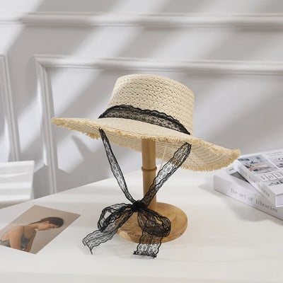 Modni slamnati šešir sa širokim obodom za žene s dugom vrpcom Ženski šeširi za plažu Modni dotjerani djevojački Ljetne kape sa šiltom za sunce za žene
