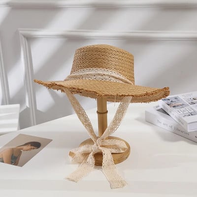 Modni slamnati šešir sa širokim obodom za žene s dugom vrpcom Ženski šeširi za plažu Modni dotjerani djevojački Ljetne kape sa šiltom za sunce za žene
