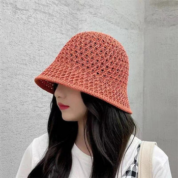 Дамска корейска модна плетена шапка гърне Лятна тънка секция Слънцезащитен сенник Слънцезащитна кофа Шапка Мрежеста дишаща рибарска шапка Сламена шапка