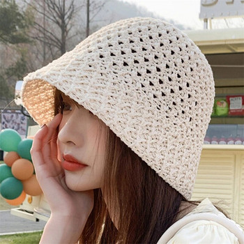 Дамска корейска модна плетена шапка гърне Лятна тънка секция Слънцезащитен сенник Слънцезащитна кофа Шапка Мрежеста дишаща рибарска шапка Сламена шапка