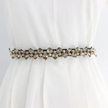 Моден елегантен дамски кристал с верига за кръста Тънък еластичен кристален черен бял женски колан за рокли и палта Декорация