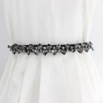 Моден елегантен дамски кристал с верига за кръста Тънък еластичен кристален черен бял женски колан за рокли и палта Декорация