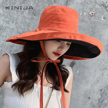 летни жени Двустранна модна широка шапка с голяма периферия Шапка за слънце на открито, плажна рибарска шапка, UV устойчива слънцезащитна шапка, шапка с кофа