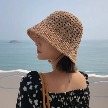 Лятна дамска дишаща куха плетена шапка с кофа на открито Модна шапка Joker Dome Sun Hat с широка периферия Сгъваема плажна шапка за жени