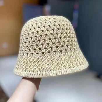Лятна дамска дишаща куха плетена шапка с кофа на открито Модна шапка Joker Dome Sun Hat с широка периферия Сгъваема плажна шапка за жени