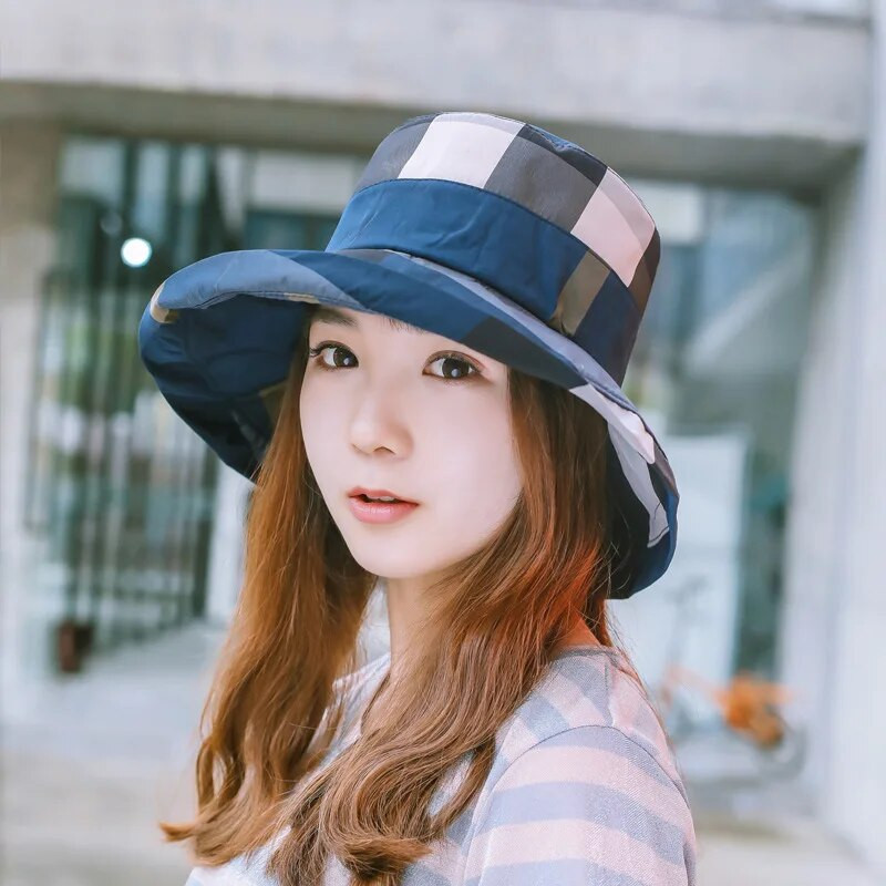 Női nyári kockás összecsukható vödörsapka tengerparti nyaraláshoz Lady Spring Bowler napvédő sapka klasszikus fejfedő Új a nagykereskedésben