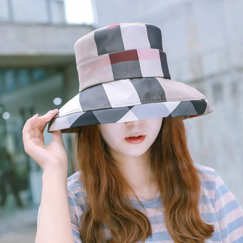Női nyári kockás összecsukható vödörsapka tengerparti nyaraláshoz Lady Spring Bowler napvédő sapka klasszikus fejfedő Új a nagykereskedésben