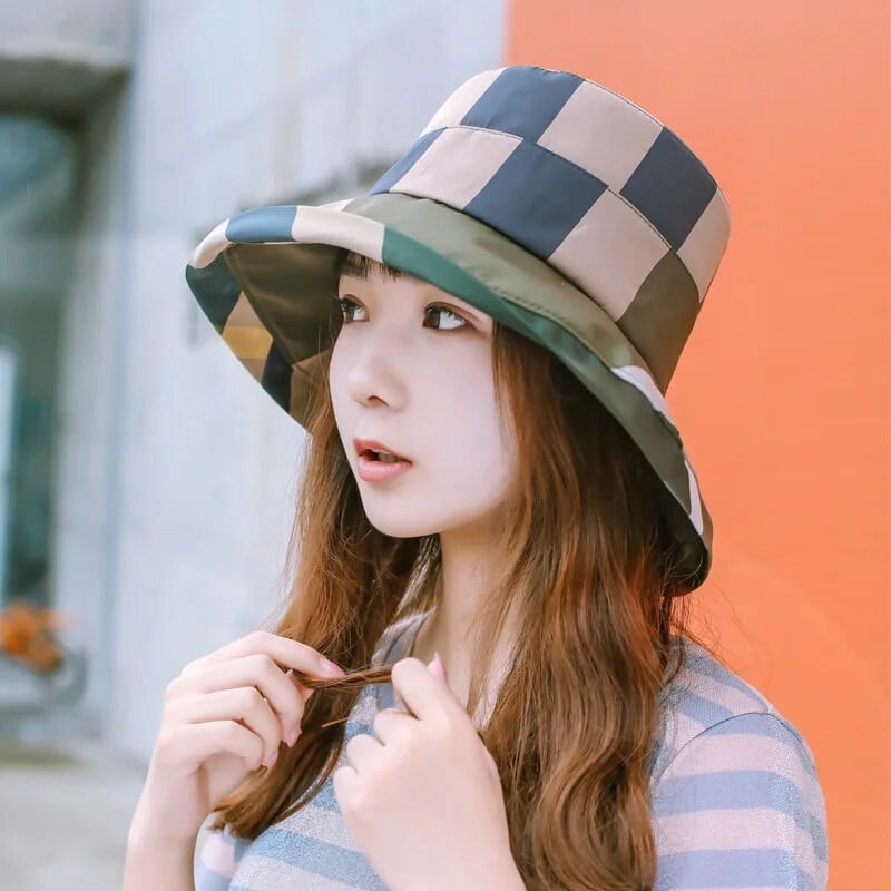 Női nyári kockás összecsukható vödörsapka tengerparti nyaraláshoz Lady Spring Bowler napvédő sapka klasszikus fejfedő Új a nagykereskedésben
