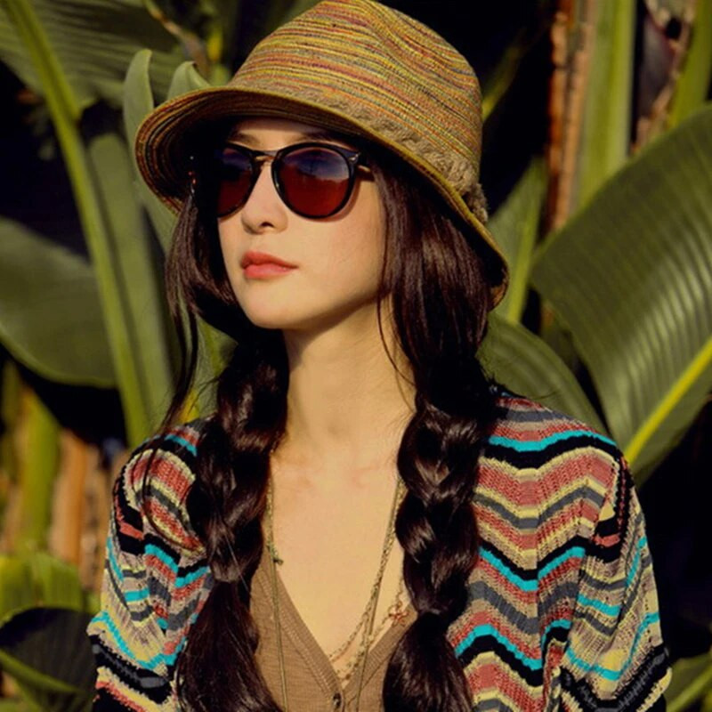 Καλοκαιρινό ψάθινο καπέλο Μποέμ Γυναικεία Κυρία Μόδα Χρωματιστά Ψαράδες Παναμά Αντηλιακό Καπέλο Casual Beach Travel Καουμπόικα καπέλα λεκάνης