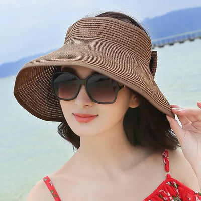 Modna nova mašna za žene Ljetni šeširi sa šilterima Ležerni sklopivi Prazni cilindri Veliki obodi Kape od slame za plažu Kapa sa UV zaštitom