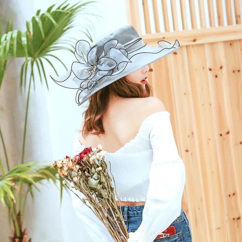 Elegantni šešir s mašnom Ljetni šešir od organze sa širokim obodom za zaštitu od sunca Kentucky Derby šeširi za žene Crkvena vjenčanja Kapa za sunčanje na plaži Sklopiva