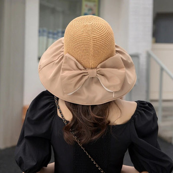 Лятна нова дамска шапка с кофа UV защита Слънчеви шапки Едноцветни меки сгъваеми широки периферии Външна плажна панама шапка Шапки с опашка