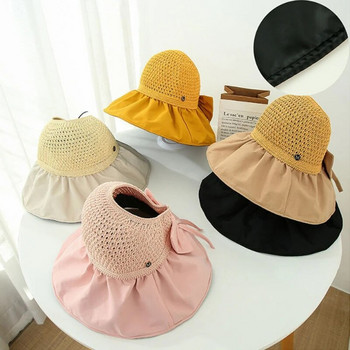 Лятна нова дамска шапка с кофа UV защита Слънчеви шапки Едноцветни меки сгъваеми широки периферии Външна плажна панама шапка Шапки с опашка