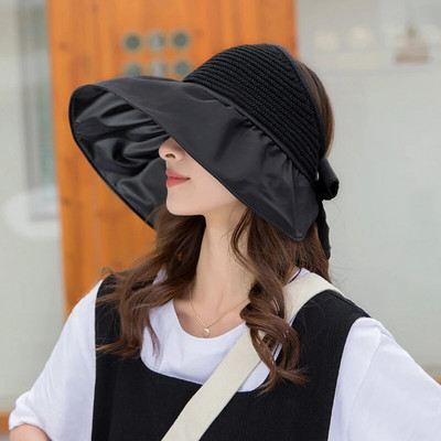 Ljetne nove ženske šešire sa UV zaštitom Šeširi od sunca Jednobojni mekani sklopivi široki obodi Vanjski panama kapa za plažu Kape s repićem