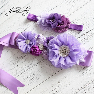 Fashion Lavender purple flower Belt,Girl Woman Sash Belt Wedding Sashes belt  with flower headband 1 SET
