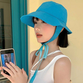 Корейски шапки с кофа с каишка Дамски летни тънки дишащи сенници Защита от слънцето Сладки универсални шапки за мивка Рибарска шапка