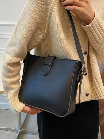 Нова елегантна модна дамска чанта-кофа с голям капацитет Универсални чанти за през рамо от PU кожа Дамска едноцветна чанта с текстура