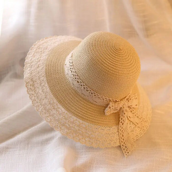 Модна лятна сламена шапка с дантелени плажни шапки Дамски корейски ветроустойчиви въжета за пътуване с широка периферия Слънчева шапка Елегантна лолита шапка с кофа Празник