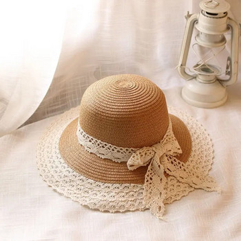 Модна лятна сламена шапка с дантелени плажни шапки Дамски корейски ветроустойчиви въжета за пътуване с широка периферия Слънчева шапка Елегантна лолита шапка с кофа Празник