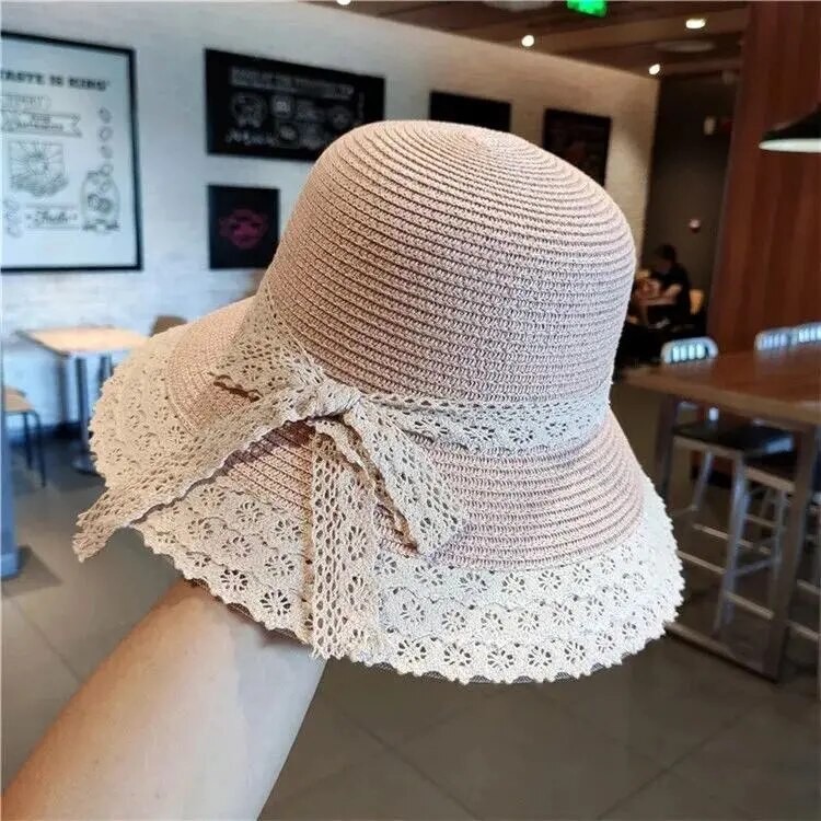 Modni ljetni slamnati šešir Čipkani šeširi za plažu Ženski korejski vjetrootporni šešir Putni šešir širokog oboda Elegantni Lolita šešir s kantom Blagdanski