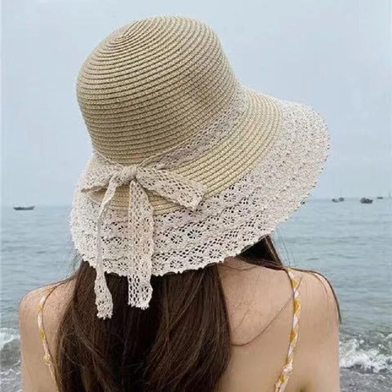 Modni ljetni slamnati šešir Čipkani šeširi za plažu Ženski korejski vjetrootporni šešir Putni šešir širokog oboda Elegantni Lolita šešir s kantom Blagdanski