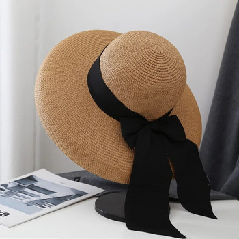 Винтидж шапка на Хепбърн Дамски черни сламени шапки с лък Ваканционна плажна слънчева шапка Лятна слънцезащитна шапка с голяма периферия Шапка с кофи