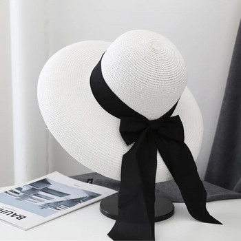 Vintage Hepburn Cap Γυναικεία μαύρα ψάθινα καπέλα με φιόγκο για διακοπές Καπέλο ηλίου παραλίας Καλοκαιρινή προστασία από τον ήλιο Καπέλα με μεγάλο γείσο με καπέλο κουβά