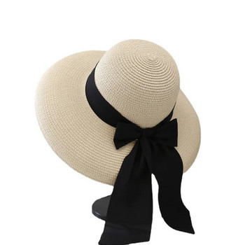 Vintage Hepburn Cap Γυναικεία μαύρα ψάθινα καπέλα με φιόγκο για διακοπές Καπέλο ηλίου παραλίας Καλοκαιρινή προστασία από τον ήλιο Καπέλα με μεγάλο γείσο με καπέλο κουβά