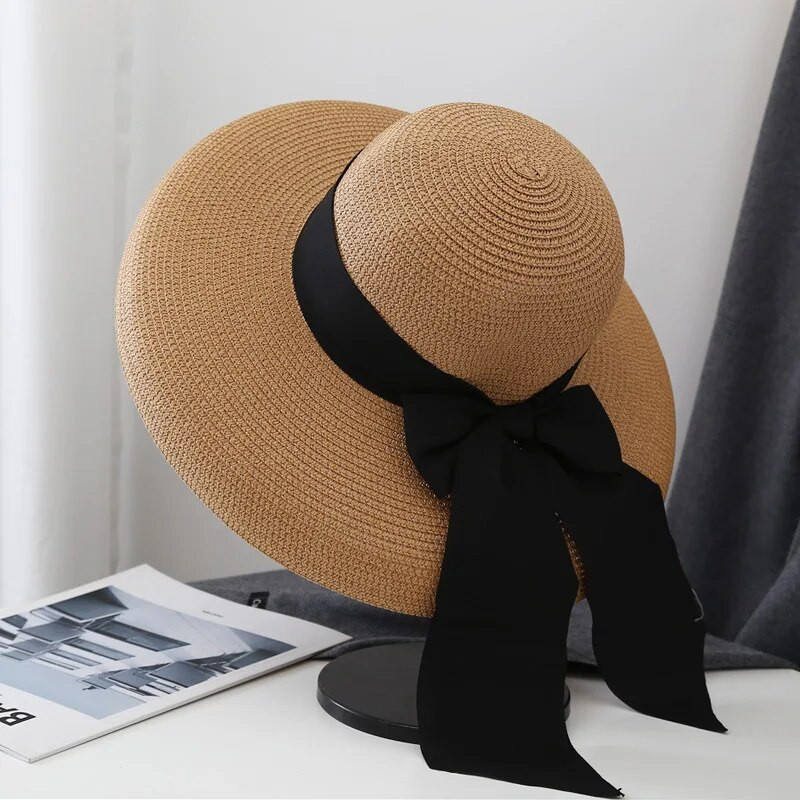 Vintage Hepburn kapa Ženski crni slamnati šeširi s mašnom Šešir za sunčanje na plaži Ljetna zaštita od sunca Šešir s velikim obodom Kape