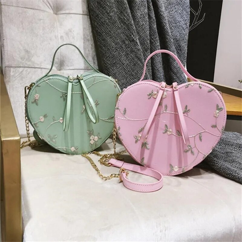 Ins Ženska ručna torbica s cvjetnim vezom Torbica Torba na rame Kožni lanac u obliku srca Messenger torbe Crossbody Clutch Mala torbica