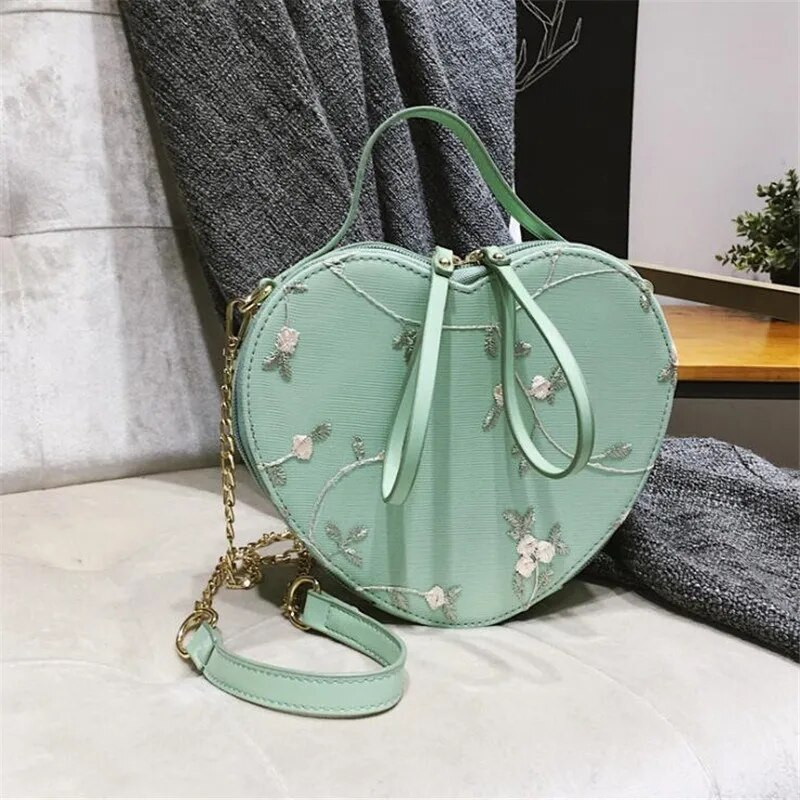 Ins Ženska ručna torbica s cvjetnim vezom Torbica Torba na rame Kožni lanac u obliku srca Messenger torbe Crossbody Clutch Mala torbica