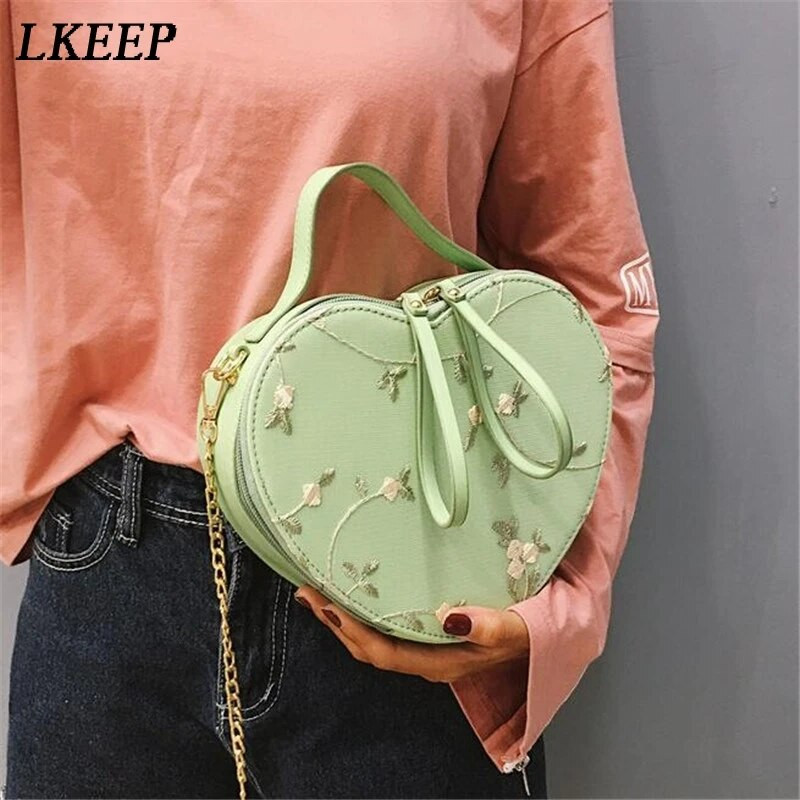 Ins Ženska ručna torbica s cvjetnim vezom Torbica Torba na rame Kožni lanac u obliku srca Messenger torbe Crossbody Clutch Mala torbica