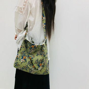 Ретро платнена чанта от рипсено цвете Чанта за едно рамо Чанта през рамо Свежа дамска чанта Литература и изкуство Чанти с голям капацитет