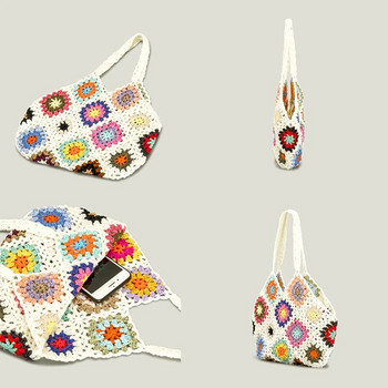 Bohemia Crocheted Hollow Shoulder Bag για Γυναικείες Ethnic Style Bucket Bag Βαμβακερές υφαντές τσάντες κουβά Γυναικείες vintage καρό τσάντες