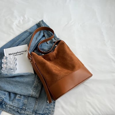 Retro zomšinės odinės didelės talpos kibiras Moterys Populiarus Pu kratinys ant pečių Paprasti moteriški skersiniai krepšiai