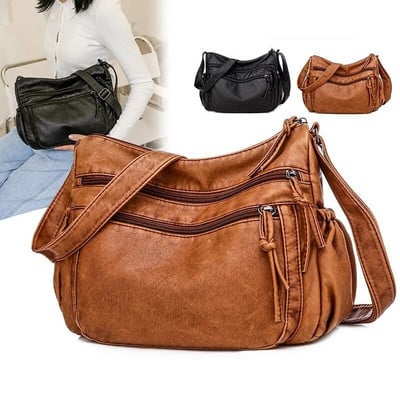 Skalbta PU odinė moteriška rankinė 2023 Senovinis pečių krepšys Universalus Juoda Ruda Spalva Didelės talpos įstrižų pakabukų laikikliai