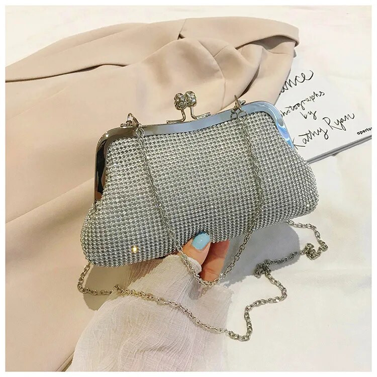 Auksinis vakarinis sankabos krepšys Moteriški krepšiai Vestuvinės Blizgančios rankinės Vestuvinės Metalinės lankas Sankabos Krepšys Grandininis pečių krepšys