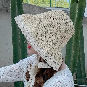 Лятна сгъваема куха плажна шапка тип кофа Дантелени слънчеви шапки за жени Празнична странична шапка с широка периферия Панамска женска сламена шапка
