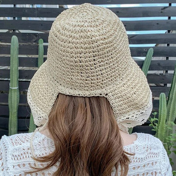 Лятна сгъваема куха плажна шапка тип кофа Дантелени слънчеви шапки за жени Празнична странична шапка с широка периферия Панамска женска сламена шапка